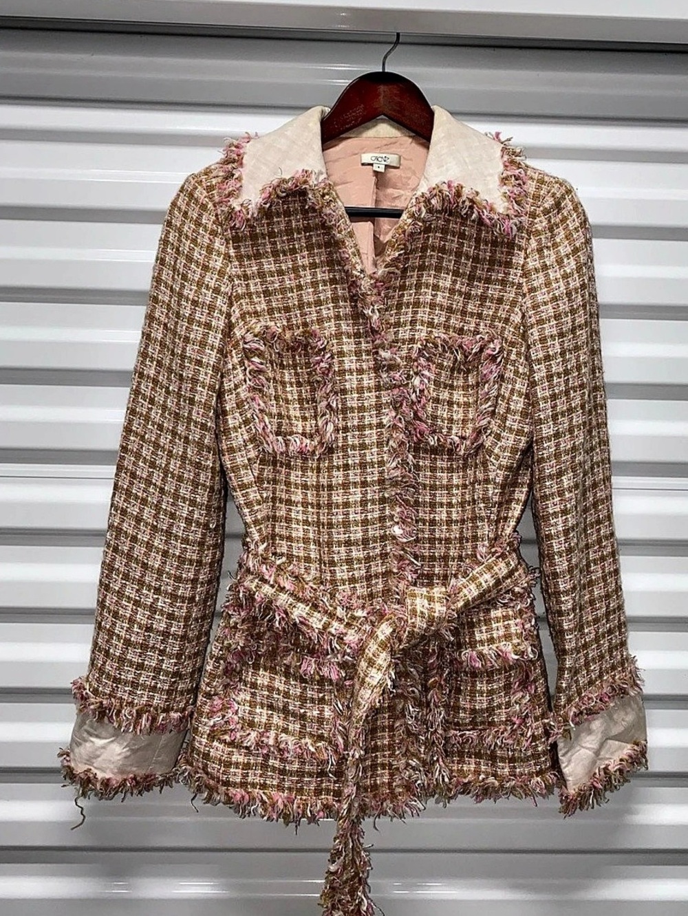 Caché Chic Tweed Fringe Belted Jacket
